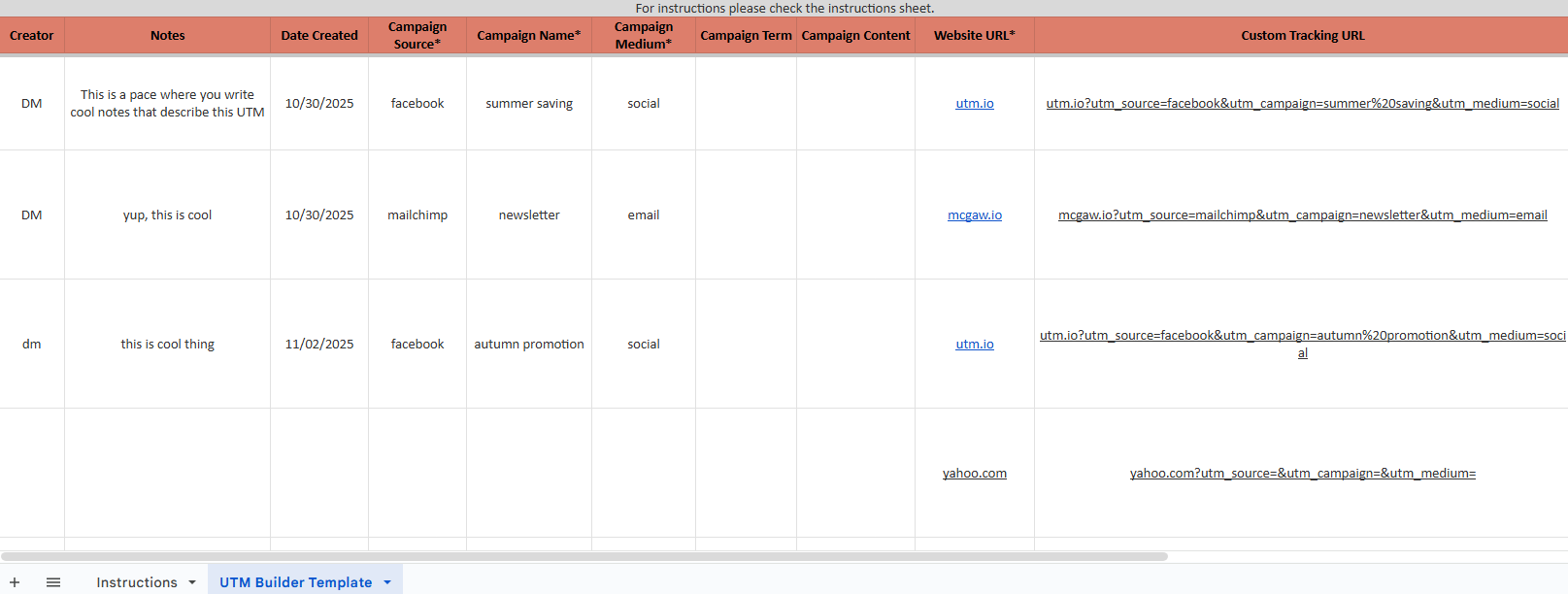 UTM Builder Spreadsheet template for Google Analytics URLs